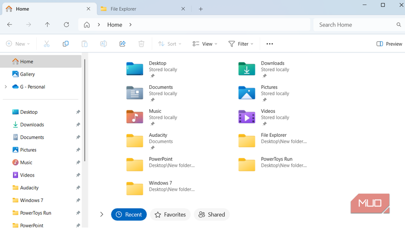 Home tab in File Explorer