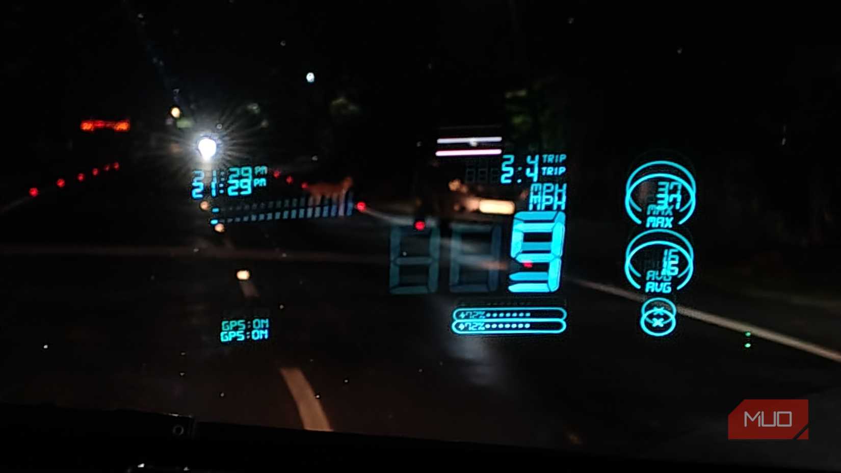 HUD Speedometer app showing speed of car in HUD mode on windshield.