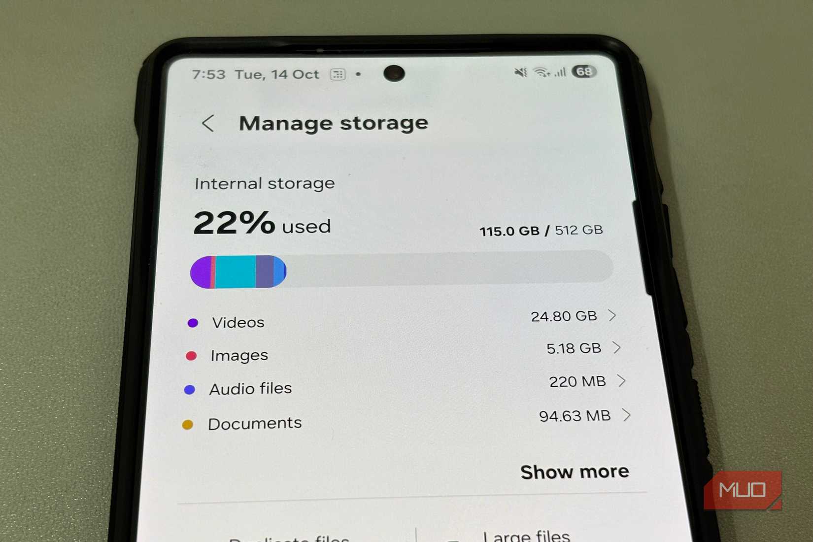 Pantalla de uso de almacenamiento interno en el teléfono Samsung