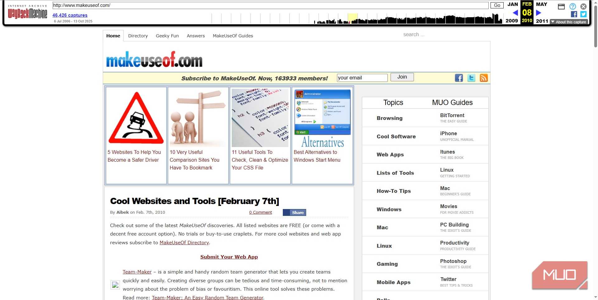 internet archive wayback machine old version of makeuseof