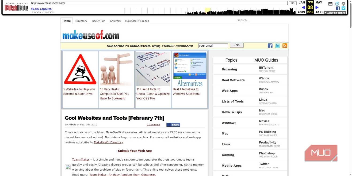 internet archive wayback machine old version of makeuseof
