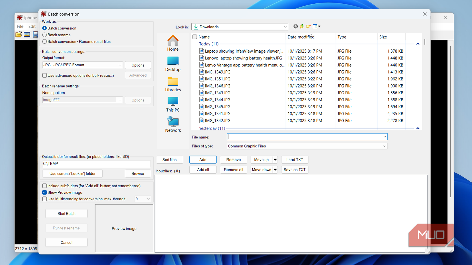 IrfanView batch converter options on PC