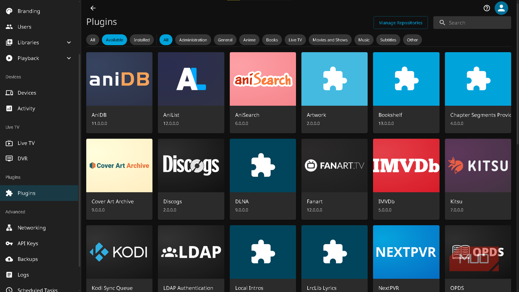 Jellyfin's Plugins menu, featuring an available list of plugins to install.