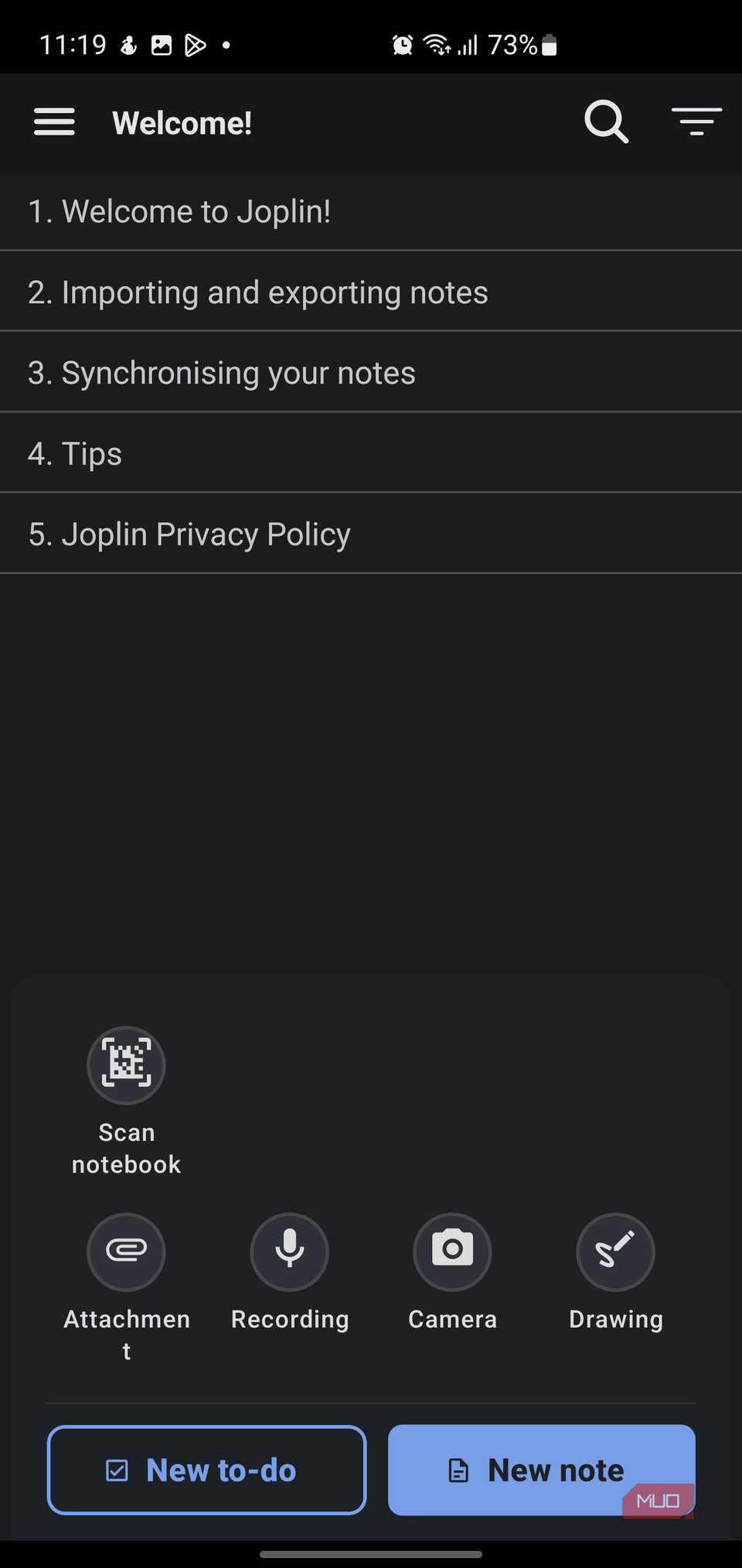 Joplin app welcome screen with options for notes and to-do list.