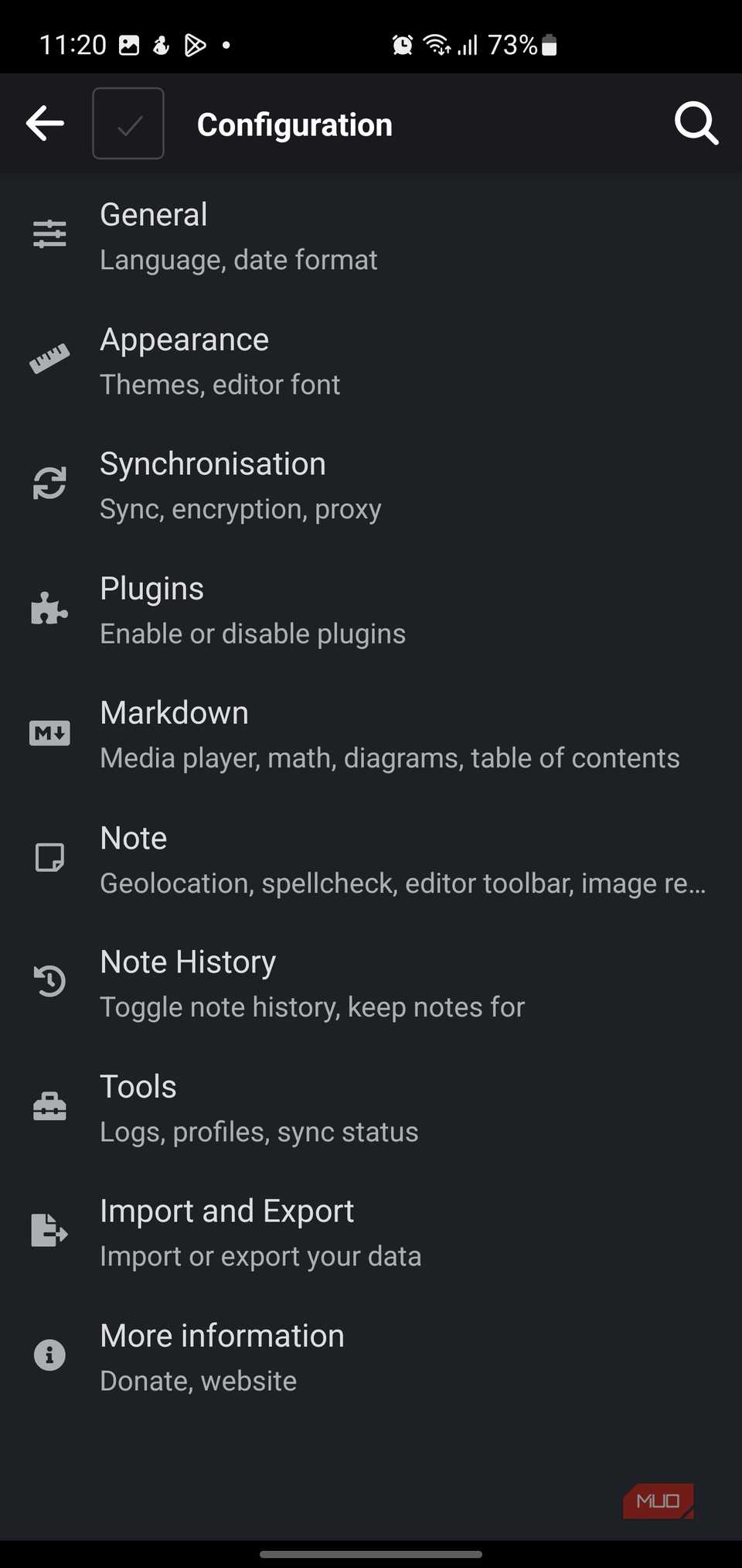 Joplin Configuration settings menu.-1