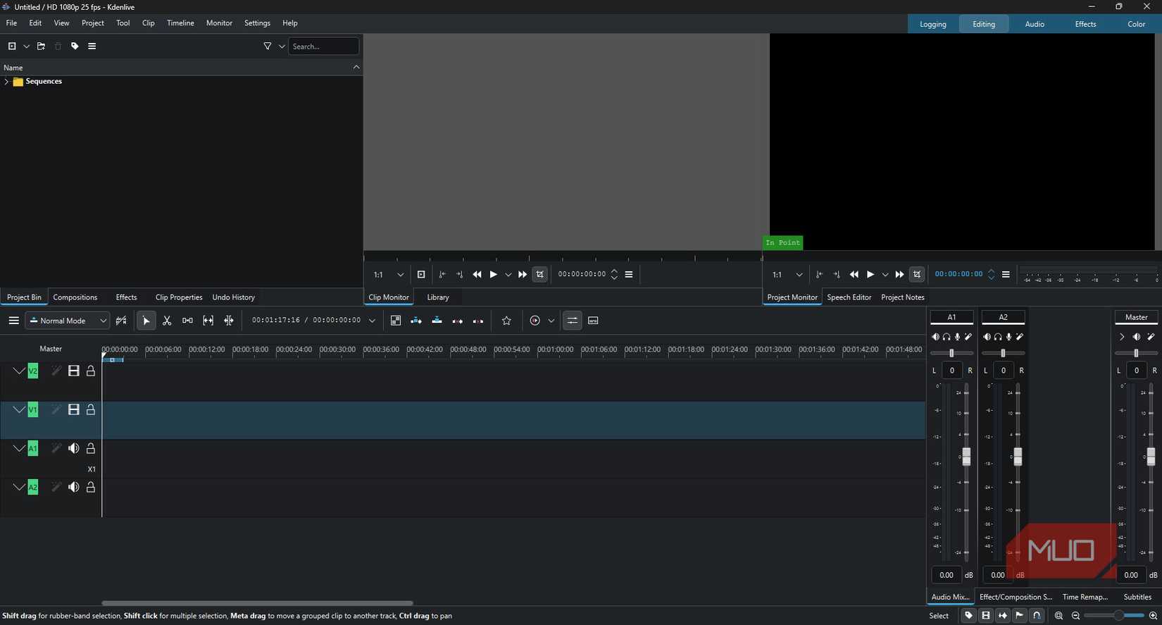 Default Kdenlive layout with no footage loaded. 