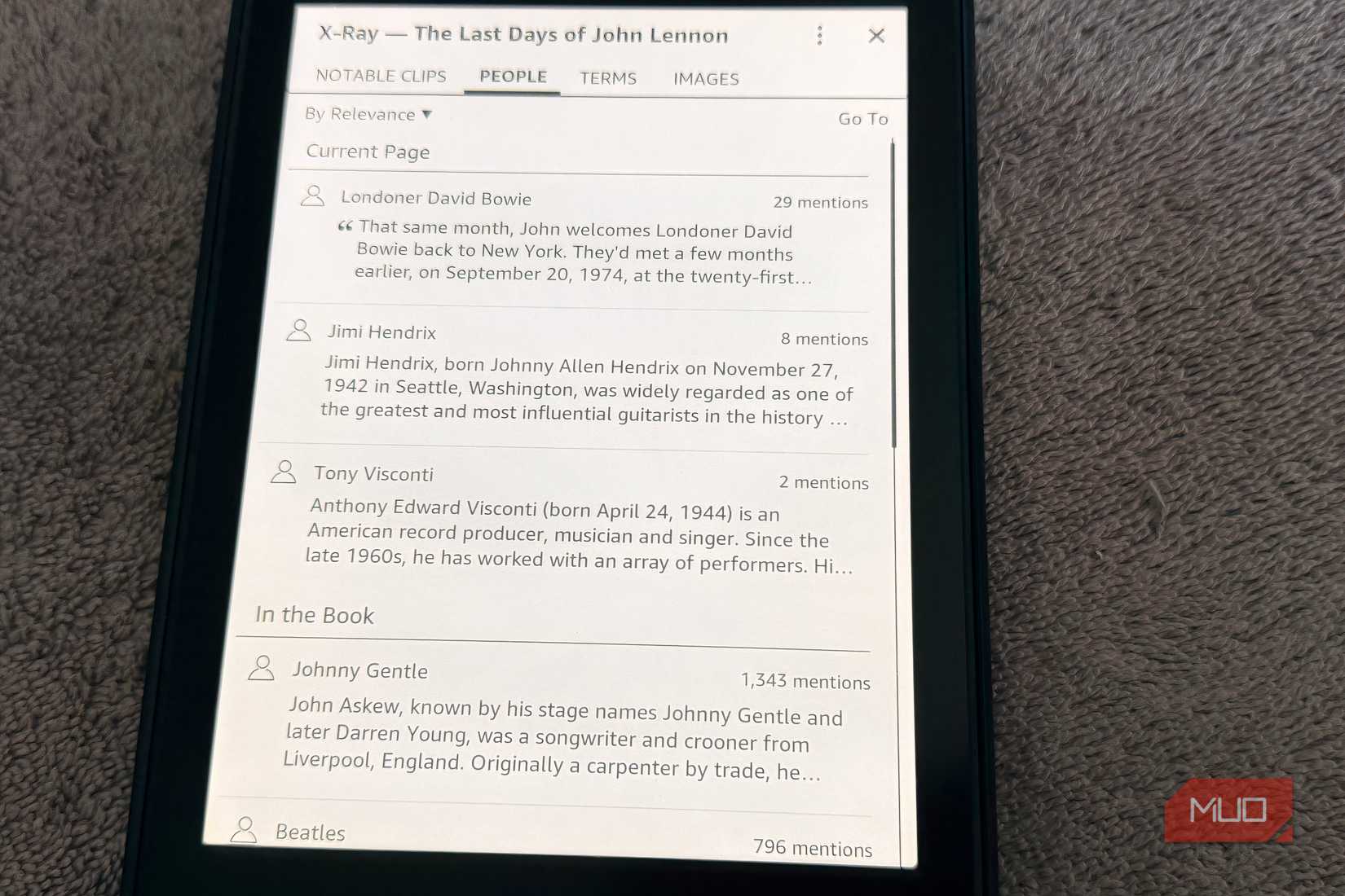 A Kindle with an X-Ray feature showing