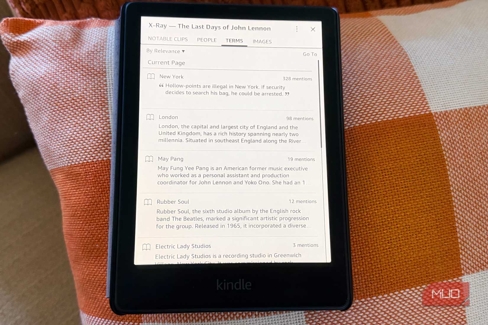 A Kindle with an X-Ray feature showing