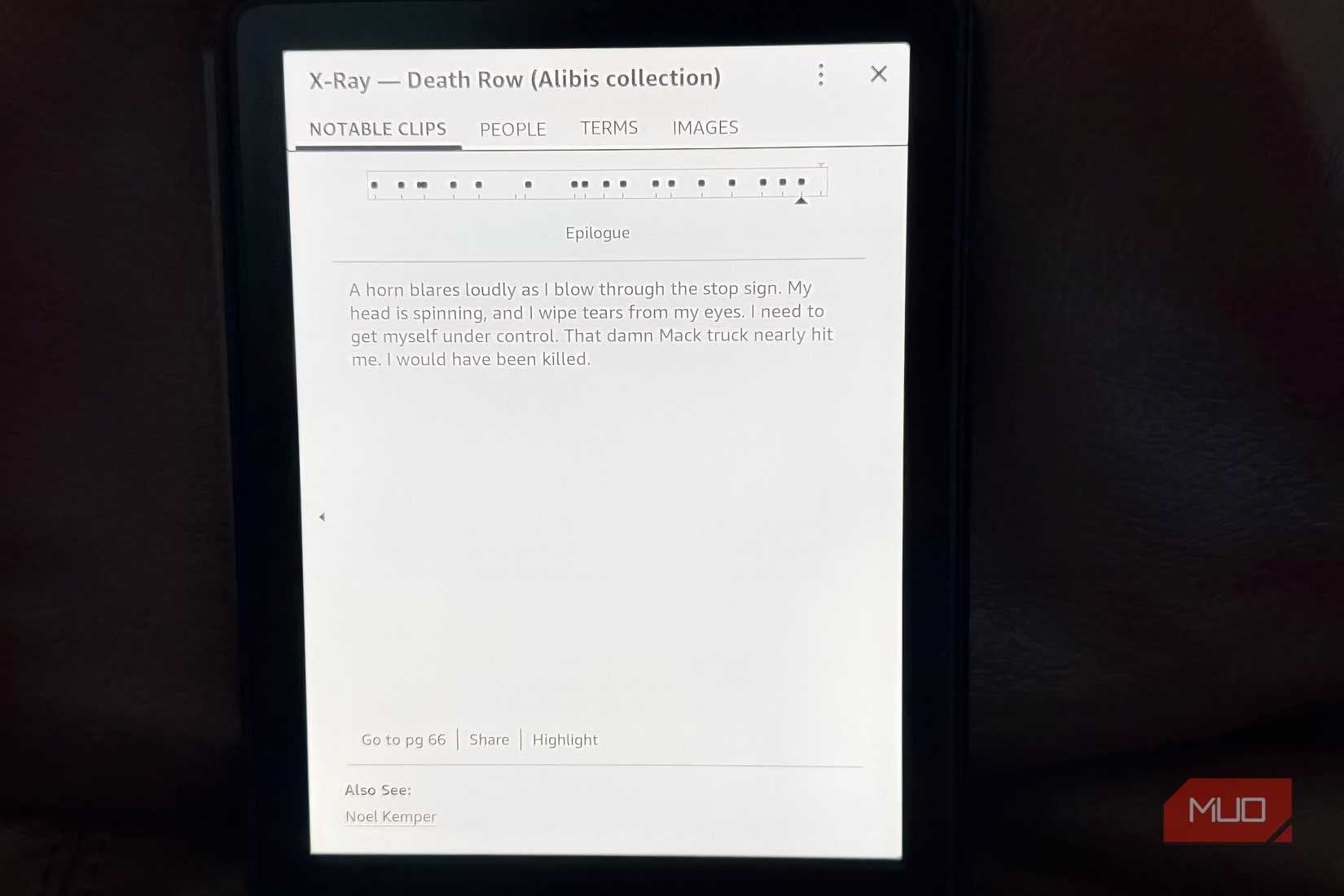 A Kindle with an X-Ray feature showing