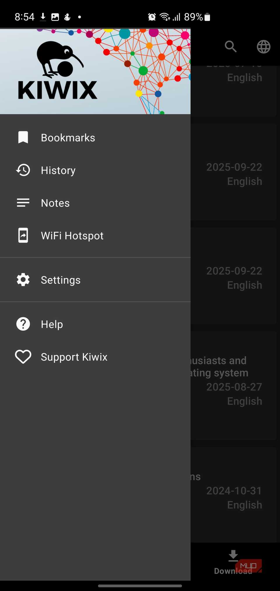 Kiwix app menu with options.