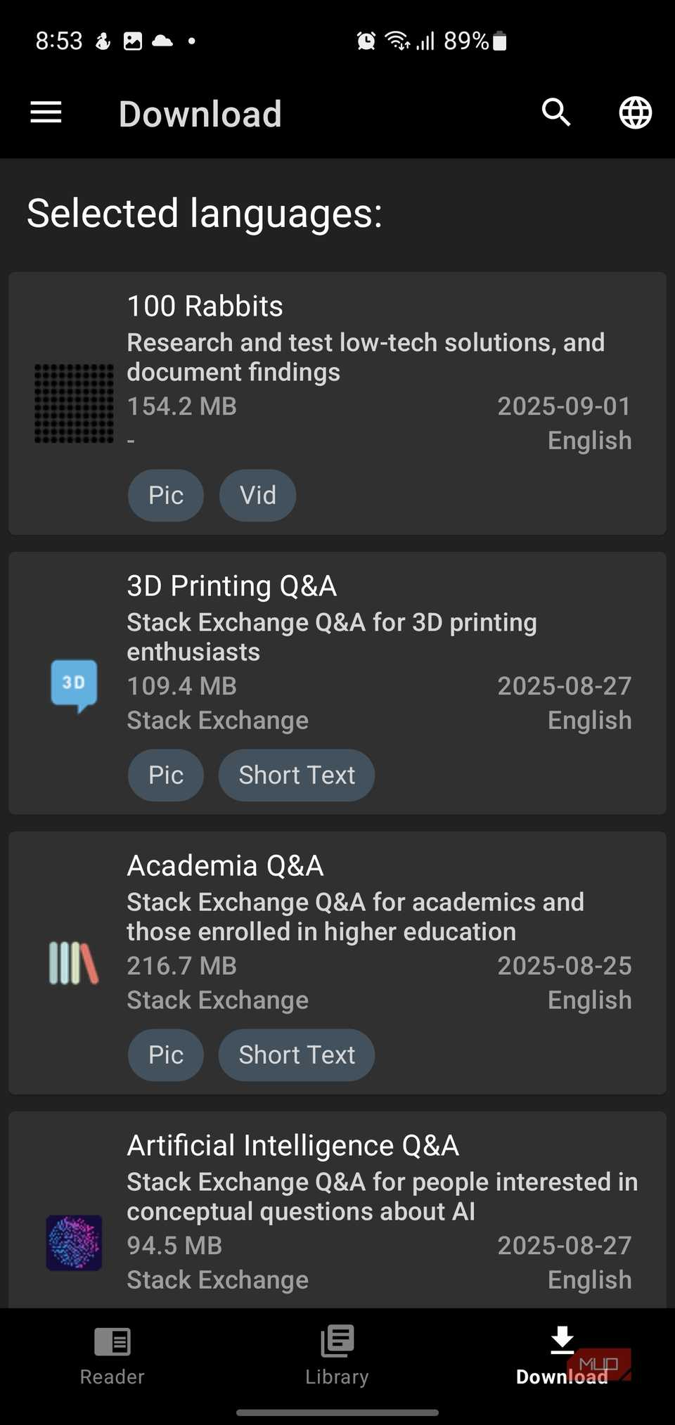 Kiwix download page for ZIM files.