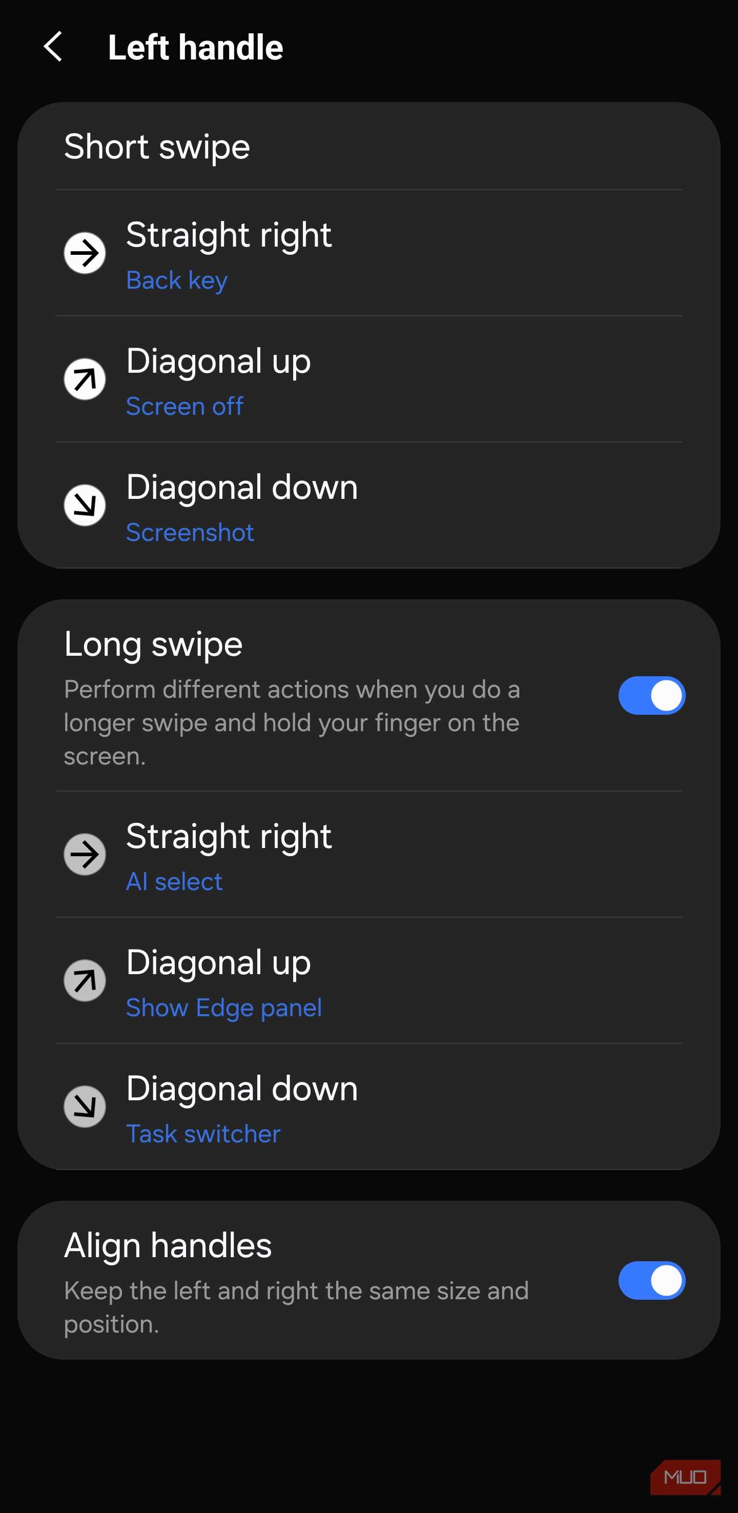 Left handle gesture options in One Hand Operation +