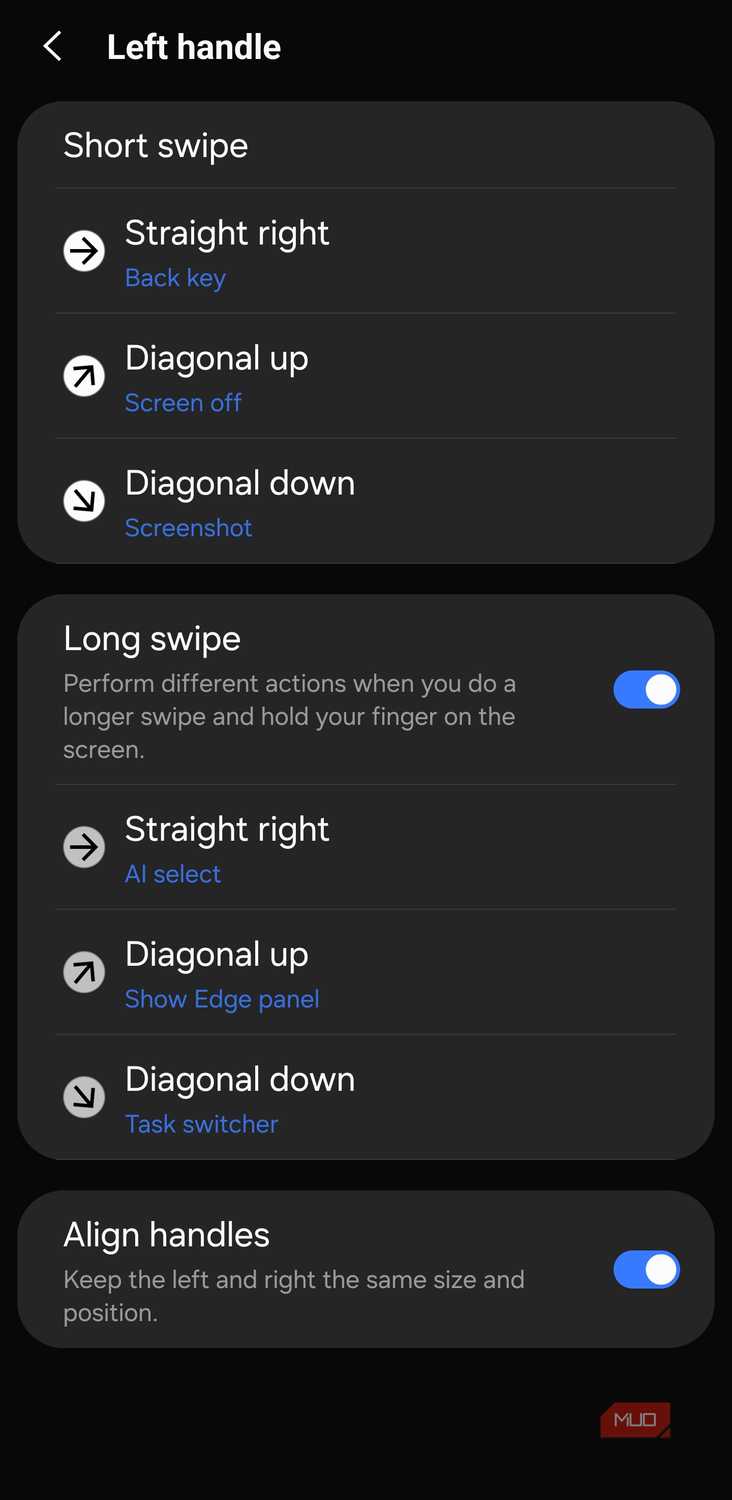 Left handle gesture options in One Hand Operation +