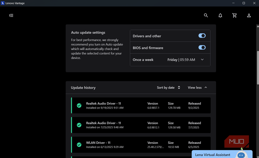 Lenovo Vantage app auto update settings menu
