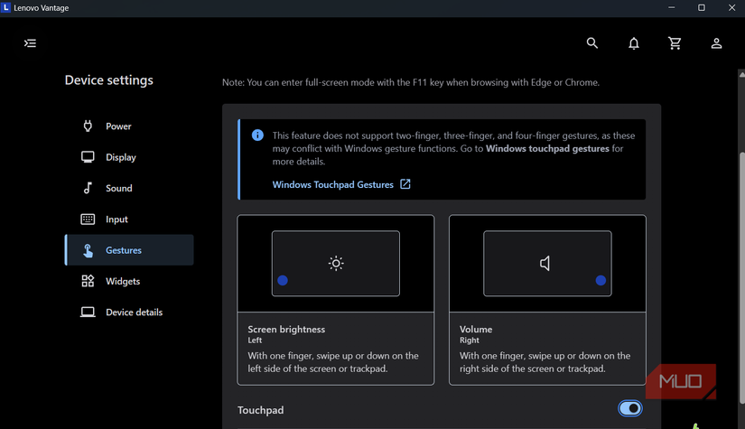 Lenovo Vantage app touchpad settings menu