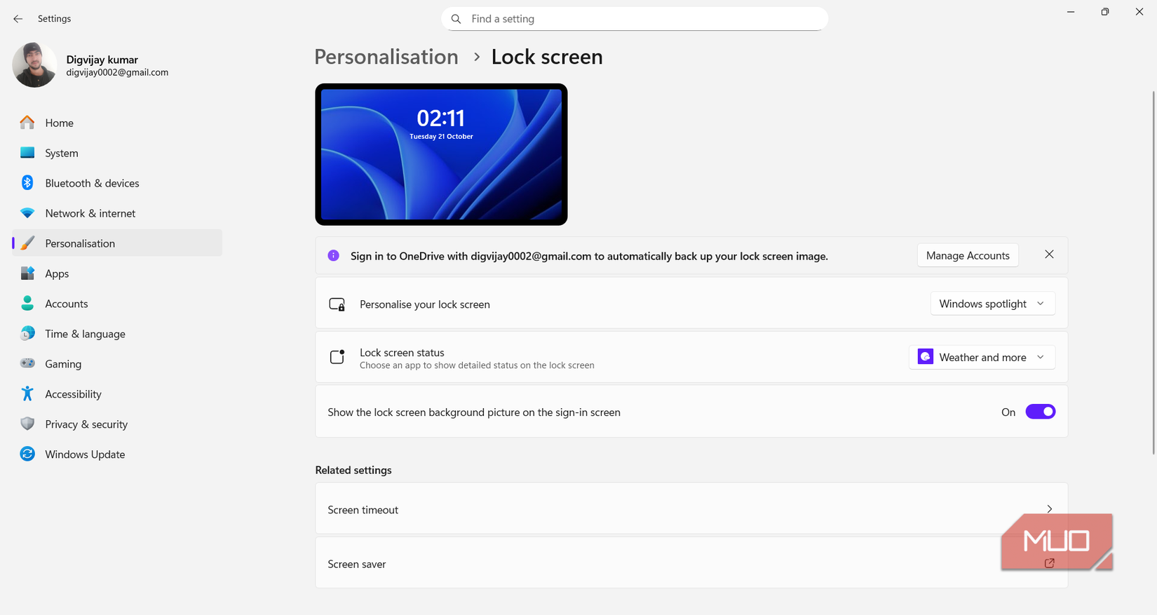 Lock screen settings in Windows 11 personalization menu