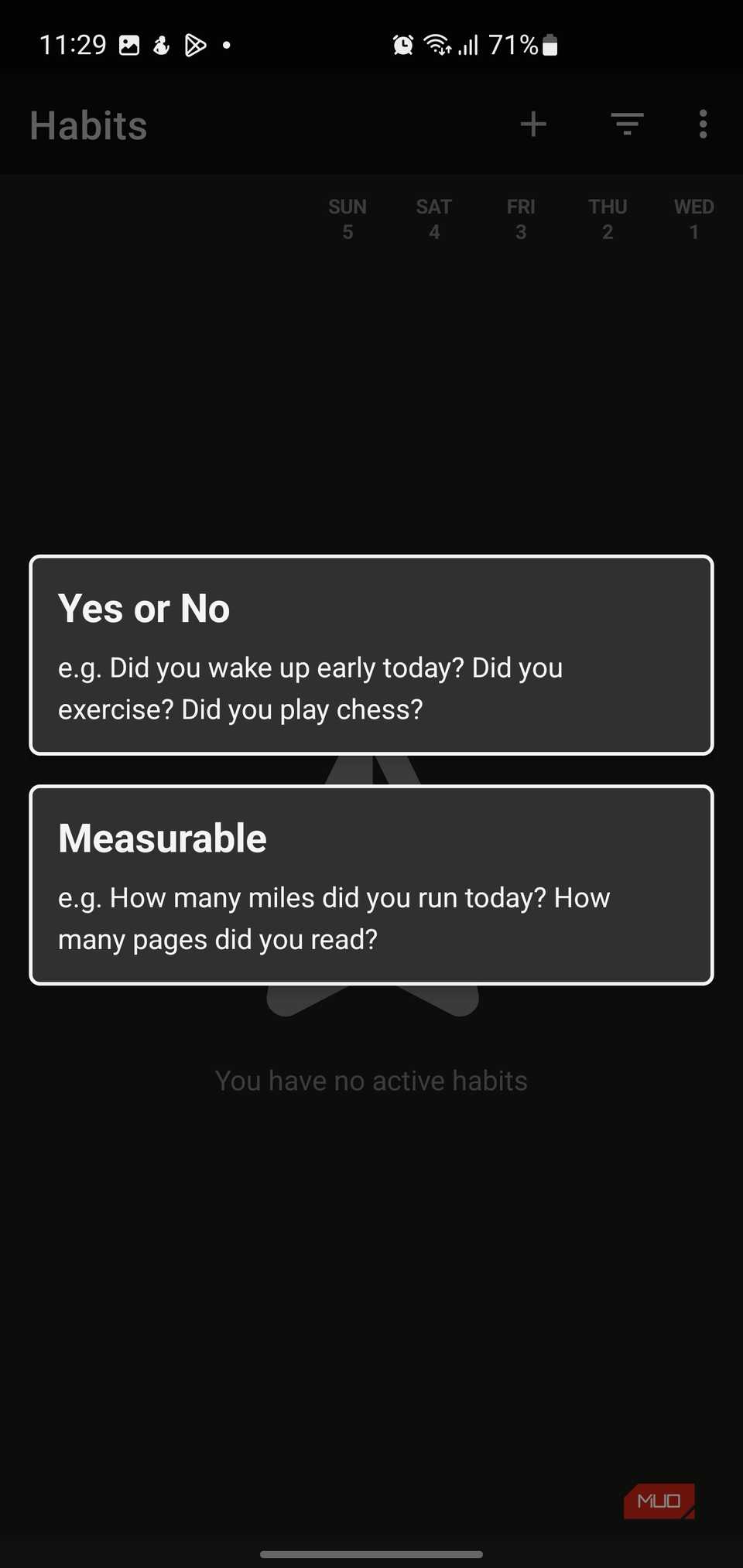 Loop Habit Tracker app showing Yes or No and Measurable habit types with examples.