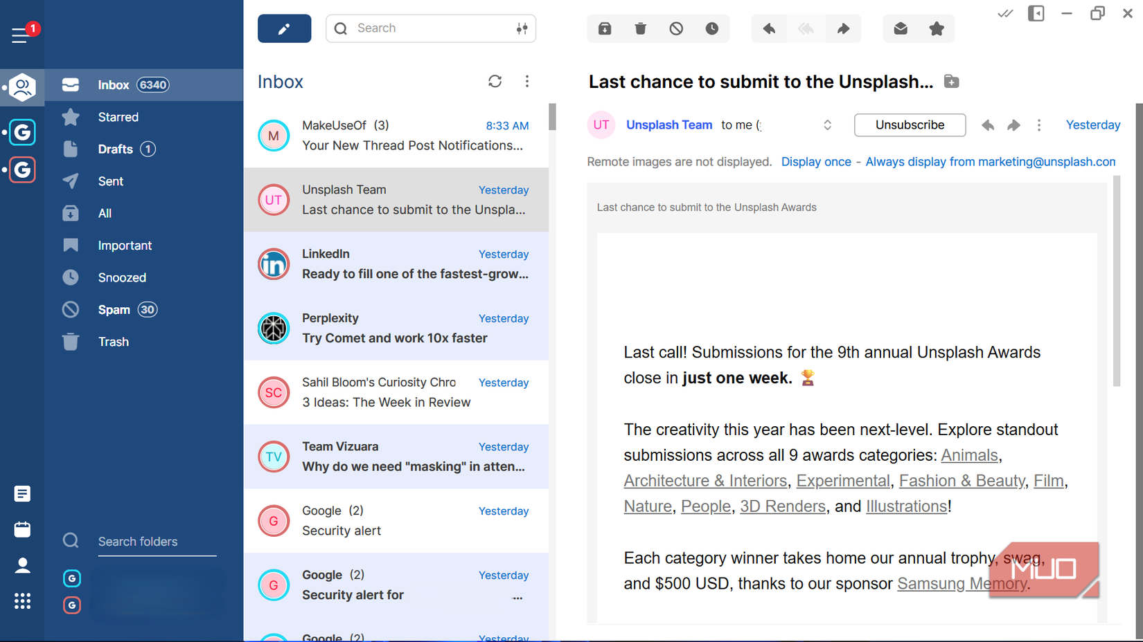 Mailbird home screen showing an email open in the reading pane.