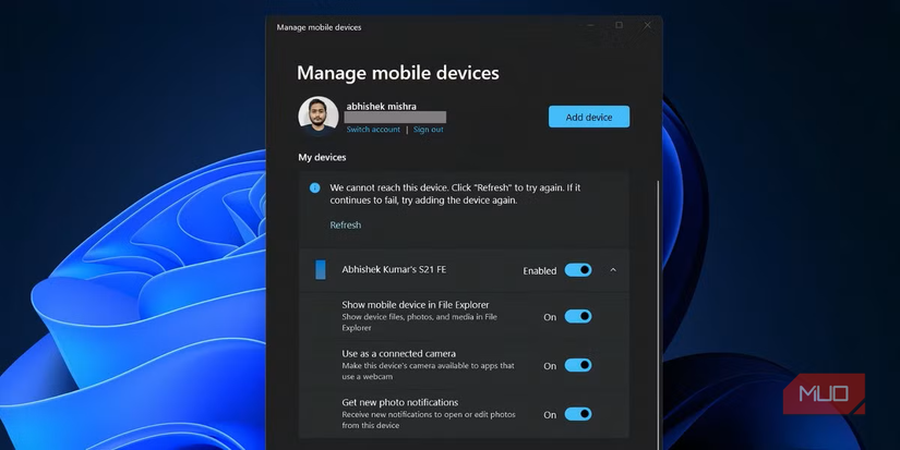 Manage mobile devices menu in windows 11 settings