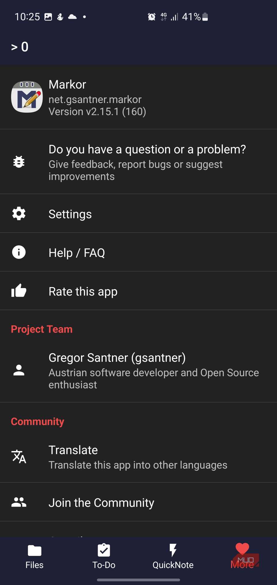 Markor app settings page on Android.