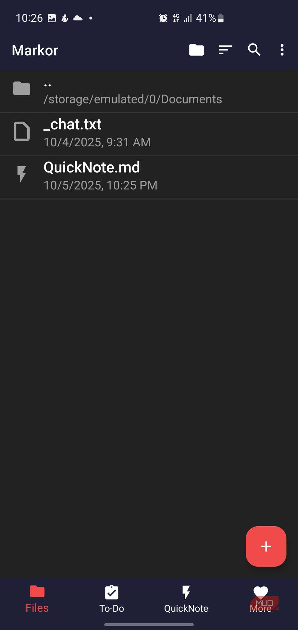 Markor app showing files in the Documents folder.