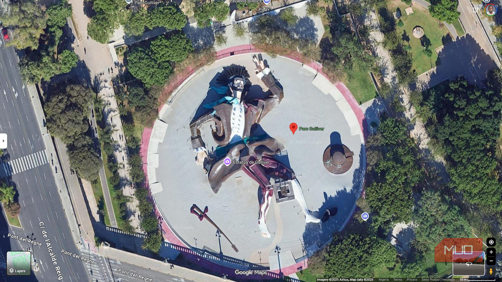 Massive figure of Gulliver stretched out on the ground as seen on Google Maps' satellite view.