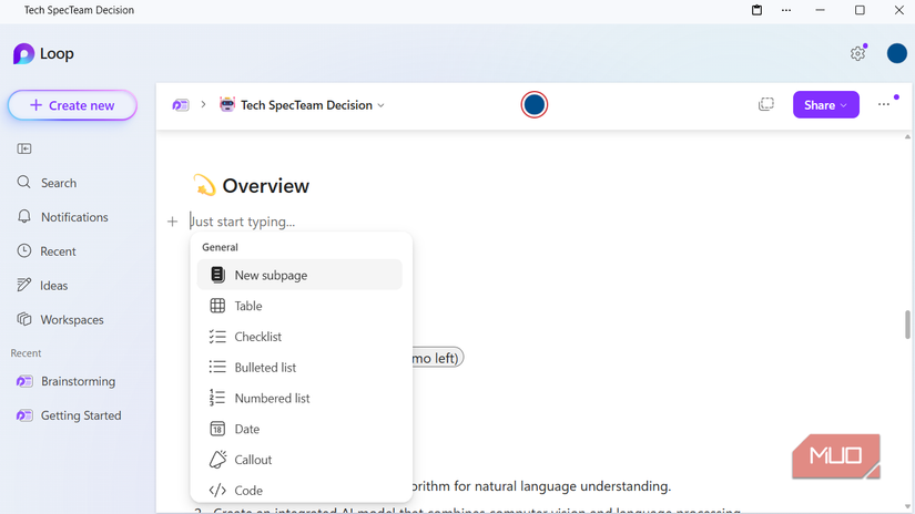 Microsoft Loop insert object on PC