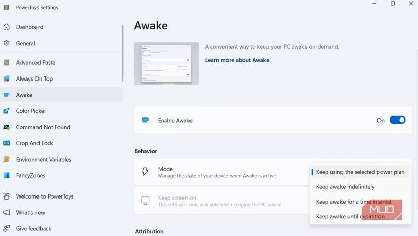 Microsoft PowerToys showing Awake feature