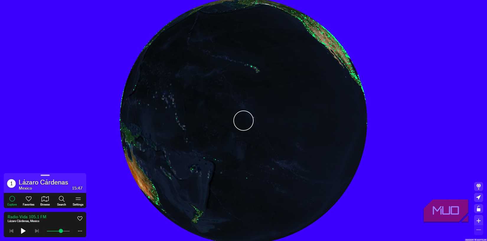 Minimalist Radio Garden interface on PC