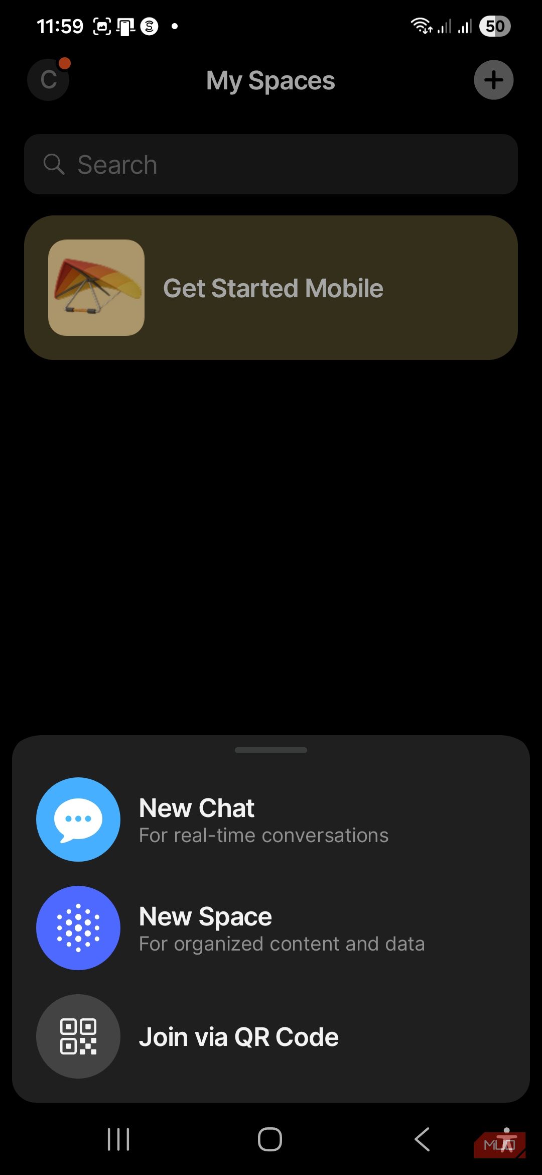 My Anytype homepage with the Get Started Mobile space and the menu bar for adding new chats, spaces, and to join a space.