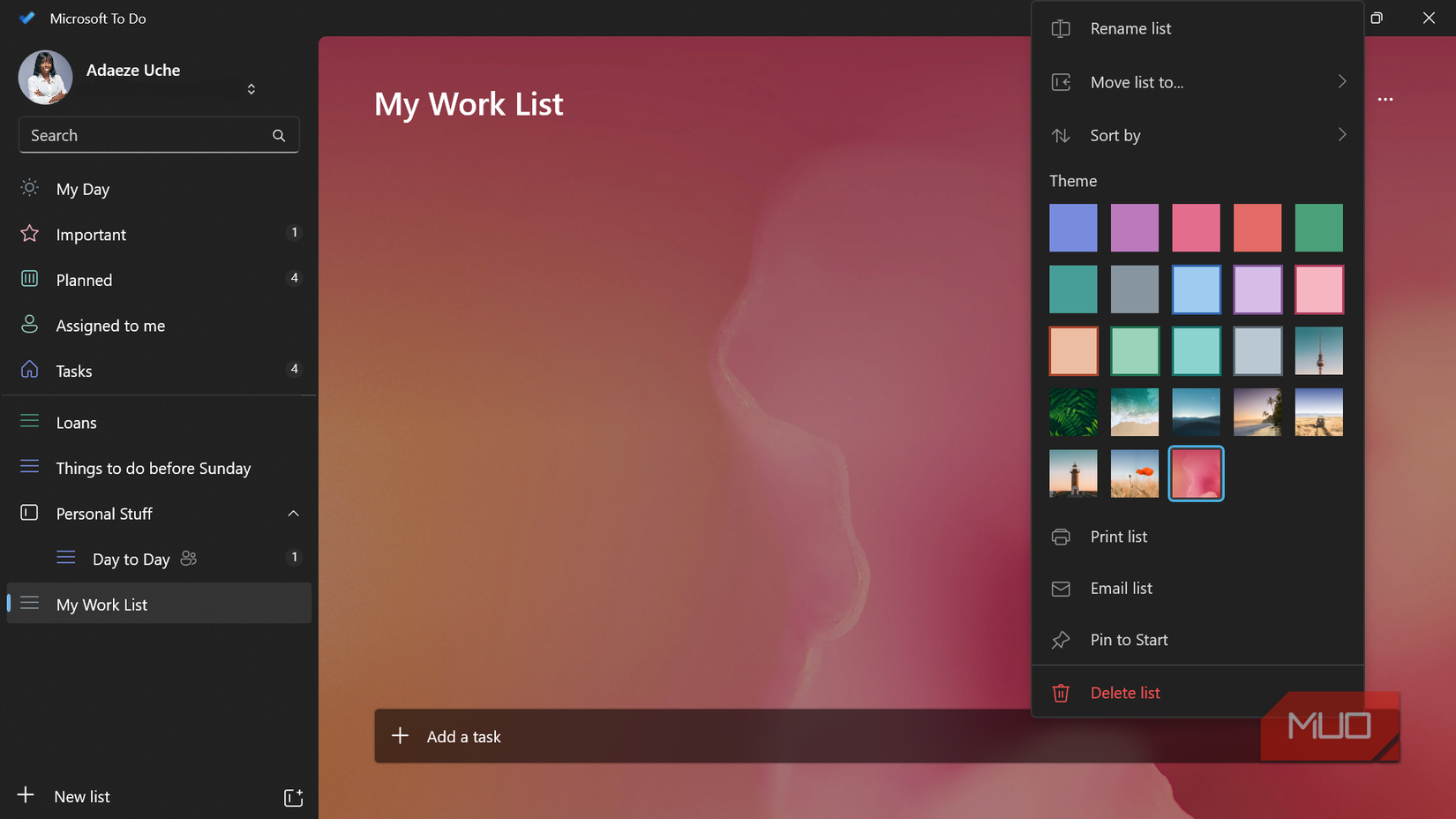 My Work List with a bright pink theme in Microsoft To Do.
