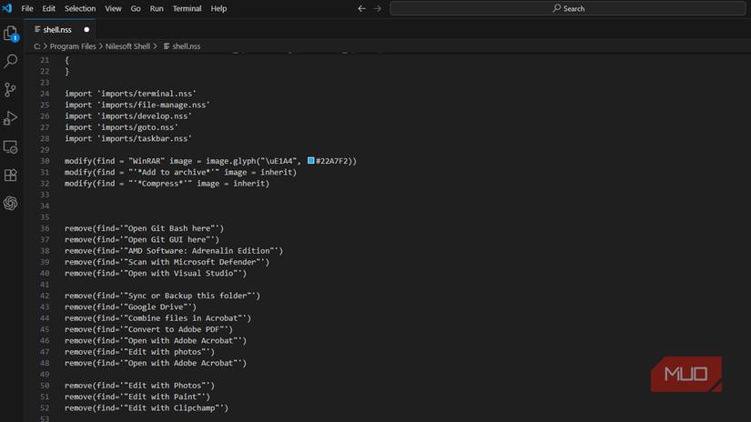 Nilesoft Shell Windows context menu extender config open in VS Code