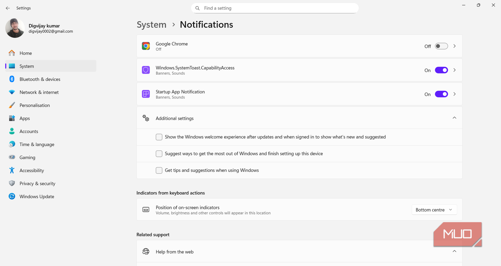 Notification settings with tips and suggestions options in Windows 11
