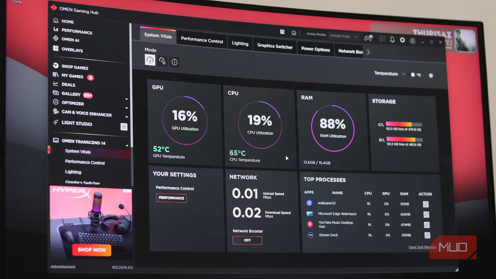 Omen Gaming Hub showing laptop CPU and GPU temperature.