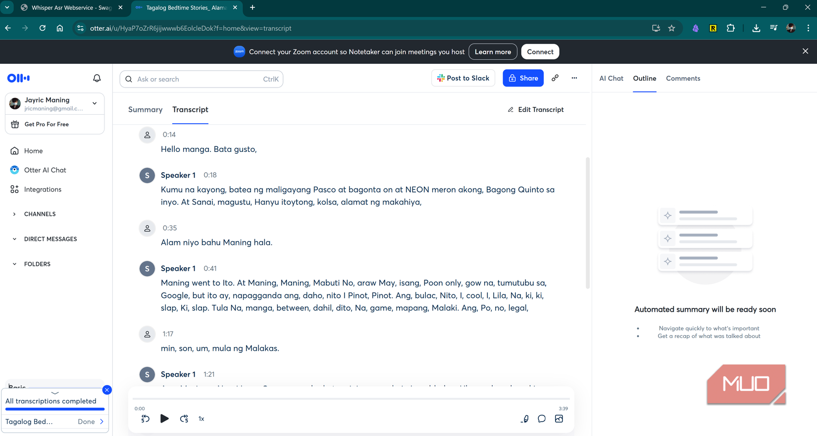 Transcribing the same video with Otter.ai