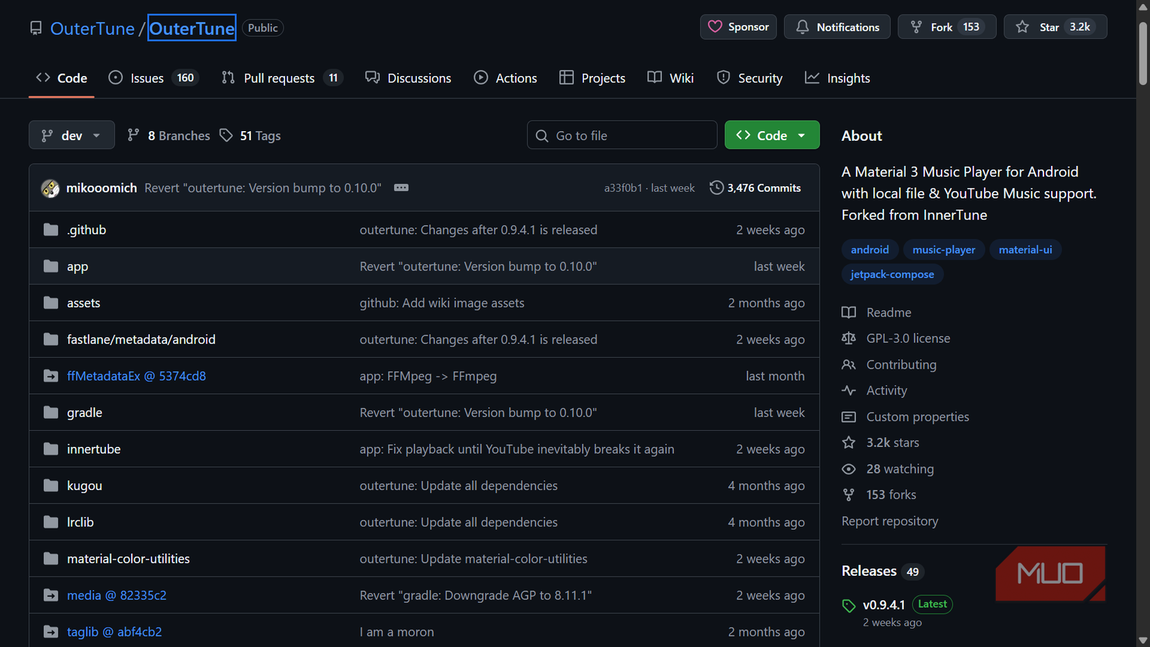 OuterTune GitHub repo page showing project details.