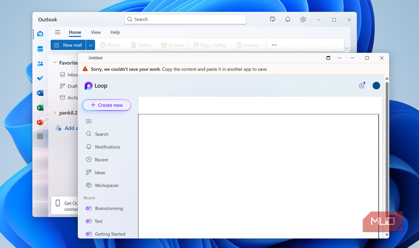 Outlook and MS Loop apps open on desktop