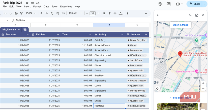 A Paris trip itinerary on Google Drive.
