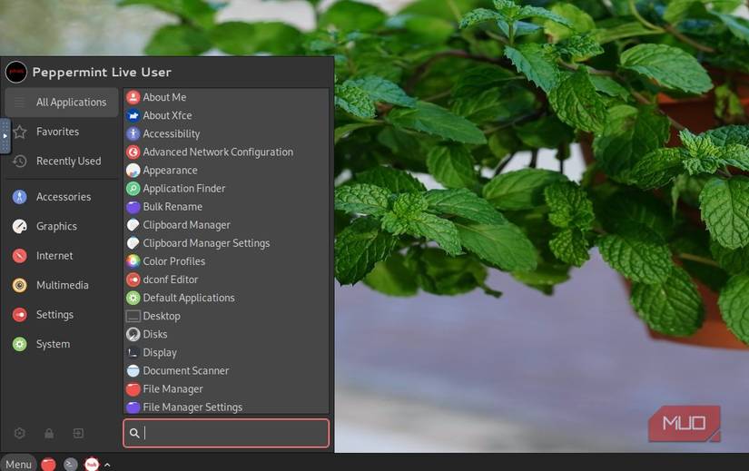 Peppermint Linux start menu