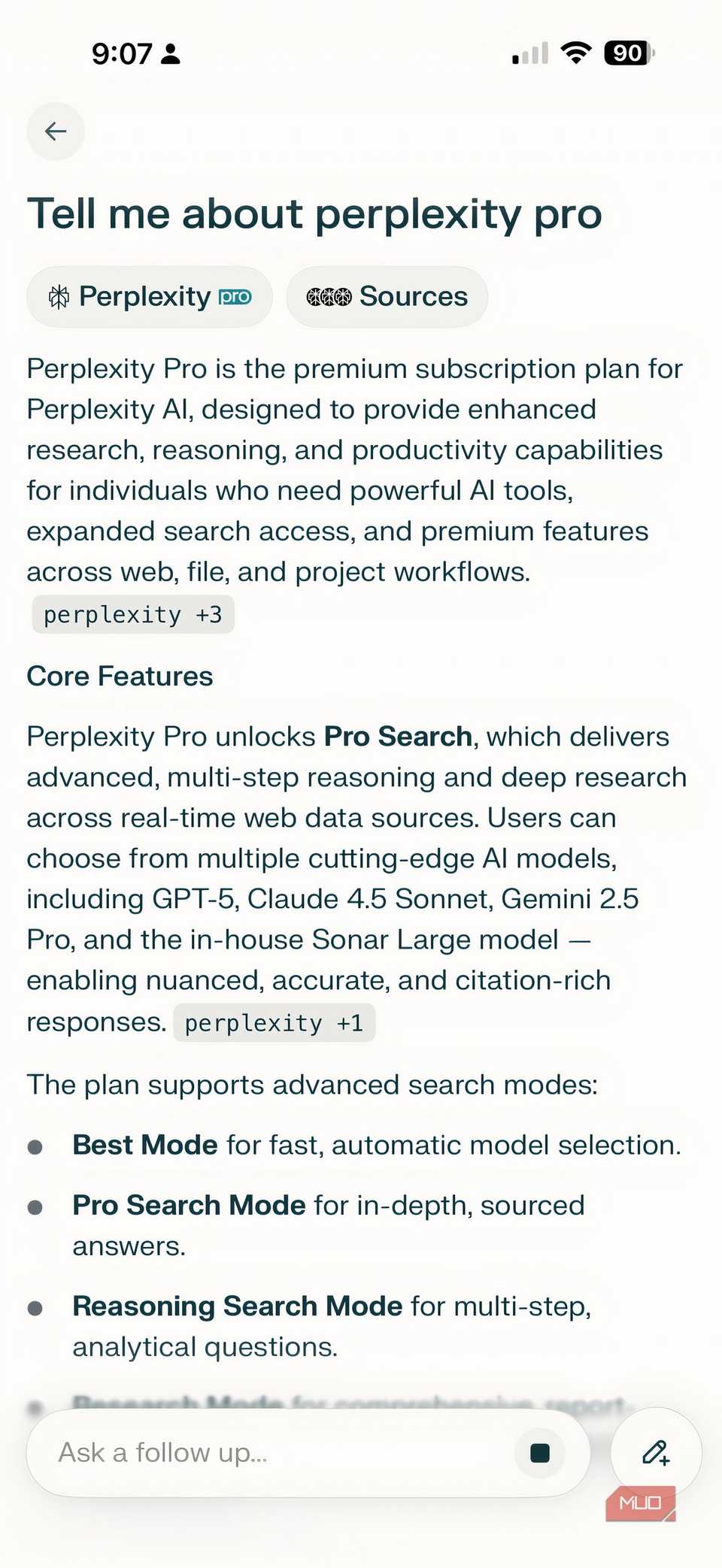 Screenshot from Perplexity Pro on iPhone.