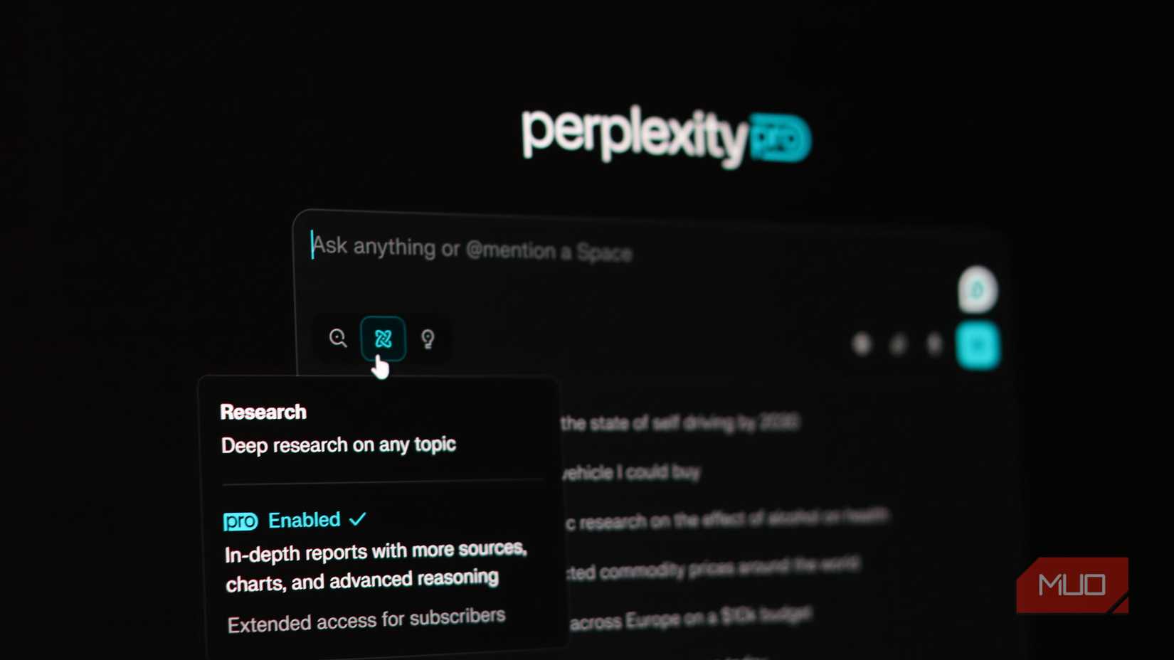 Perplexity's Research feature highlighted. 