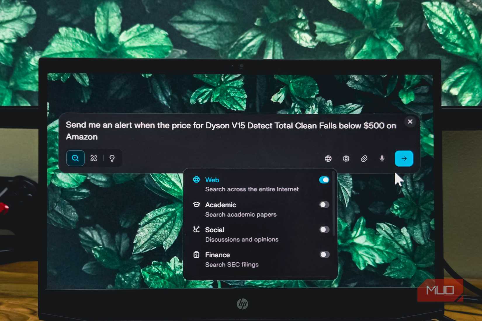 Perplexity search bar open on a Windows HP laptop