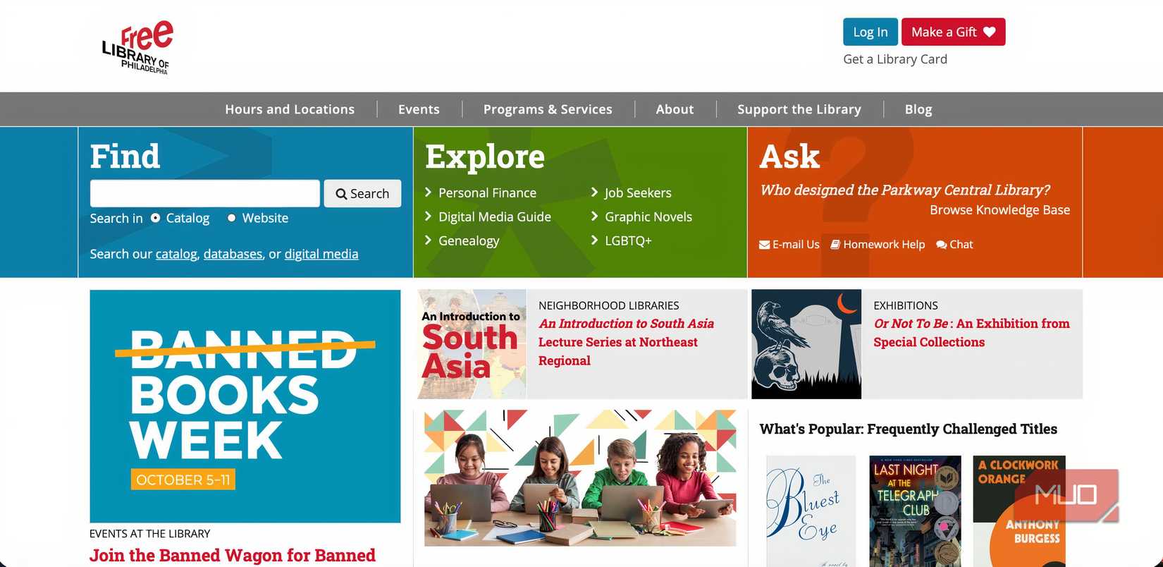 A screenshot of the Free Library of Philadelphia website. 
