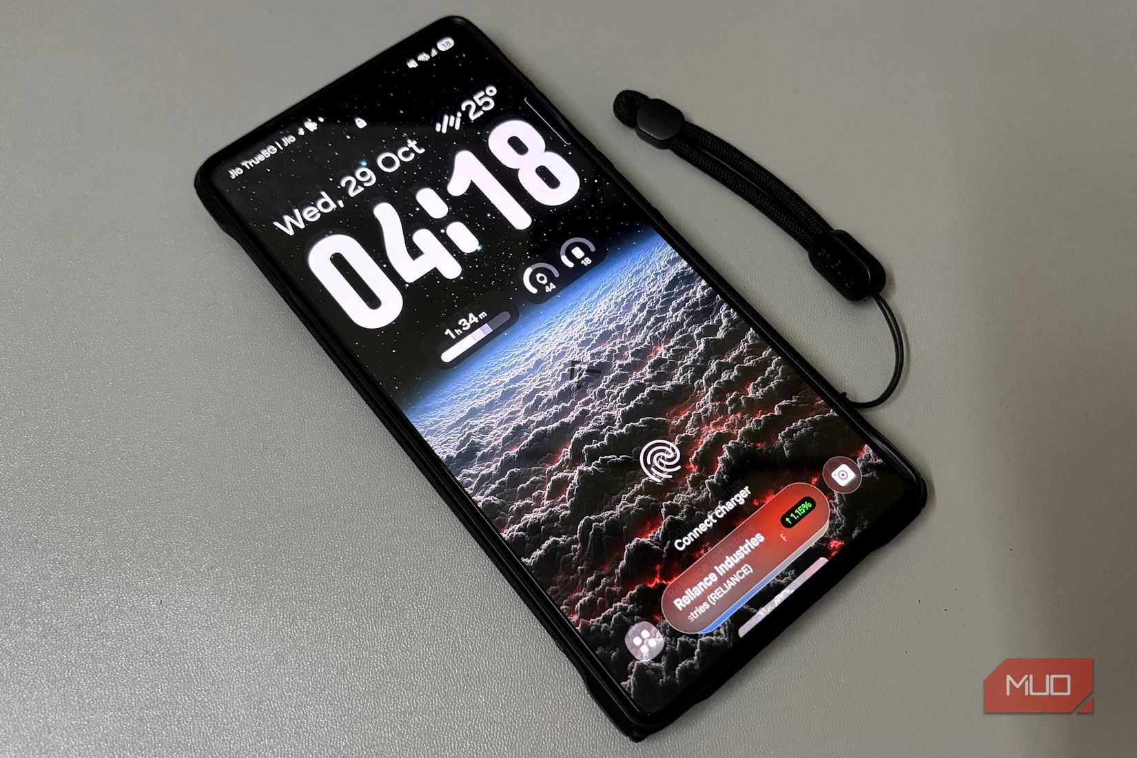 Phone locked on table showing fingerprint icon and time display