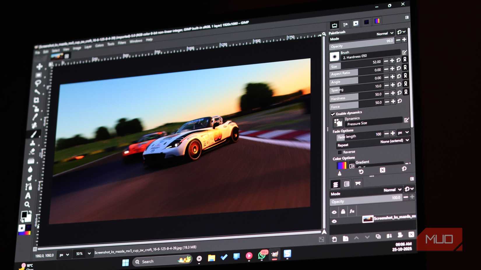 PhotoGIMP with an open image and paintbrush section.