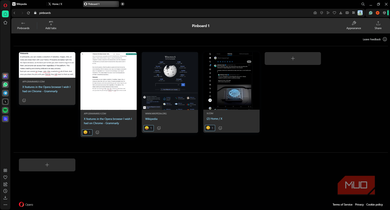 Pinboards with multiple saved pins in Opera browser.