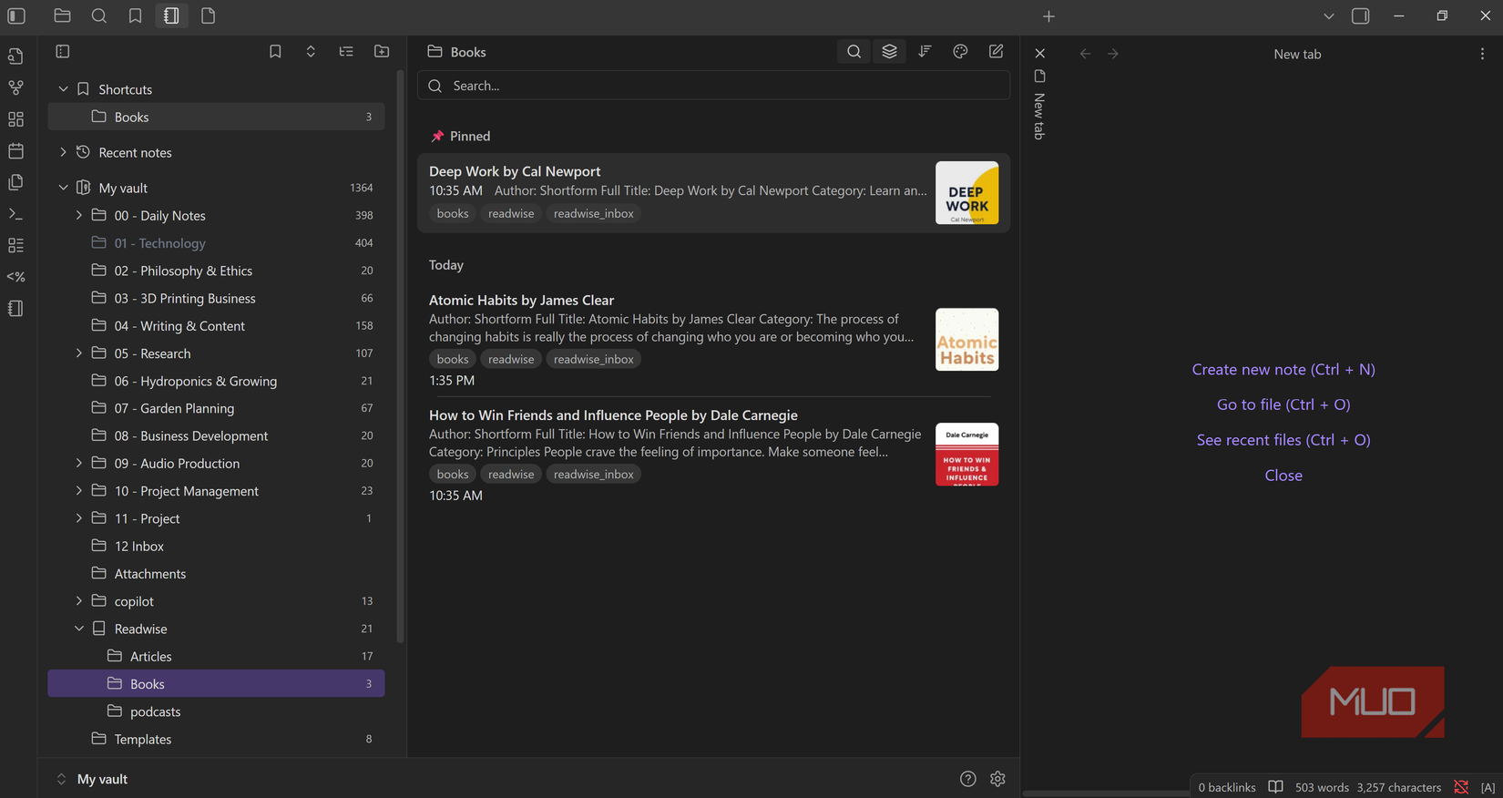 Pinned notes and folder shortcuts