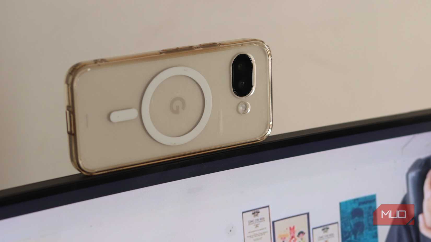 Pixel9a kept on a monitor for webcam.