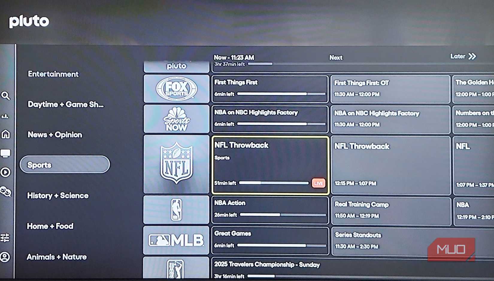 The Pluto TV homepage menu.