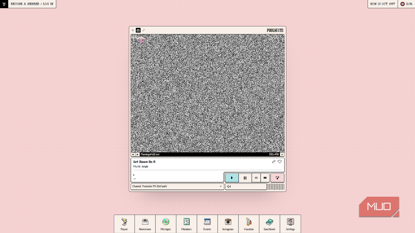 Poolsuite interface showing a static-filled video player.